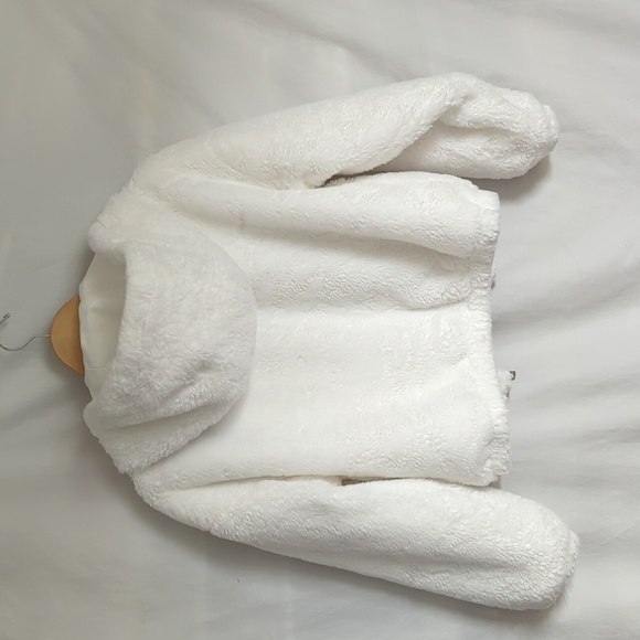 So White Faux Fur Hoodie Bomber Jacket Sz XS Or S Pockets Zip Up - Picture 9 of 10